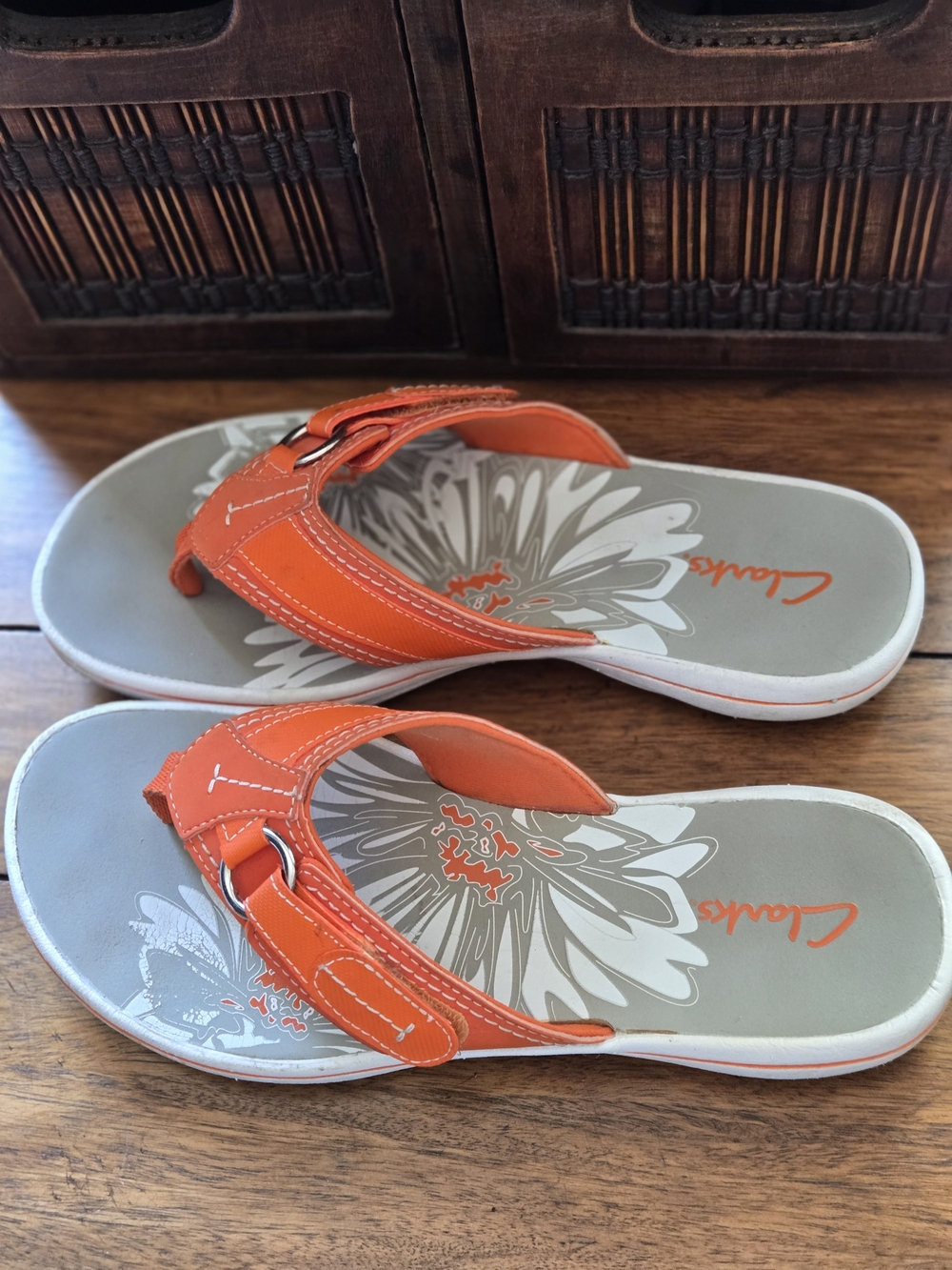 Clarks Orange Floral Thong Sandals with Buckle Accent